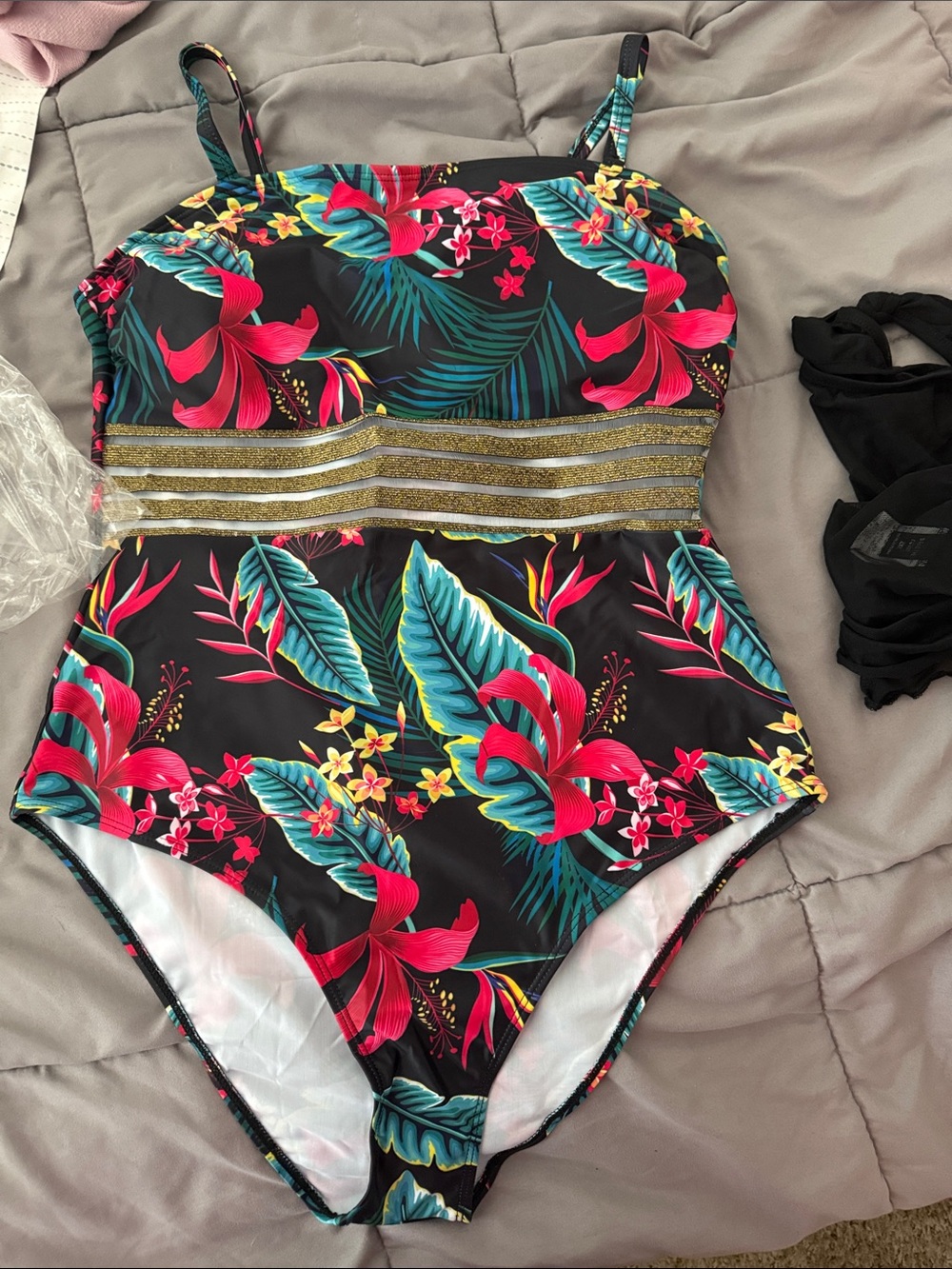 SHEIN Black Tropical Floral One-Piece Swimsuit 1X  Plus coverup 2X